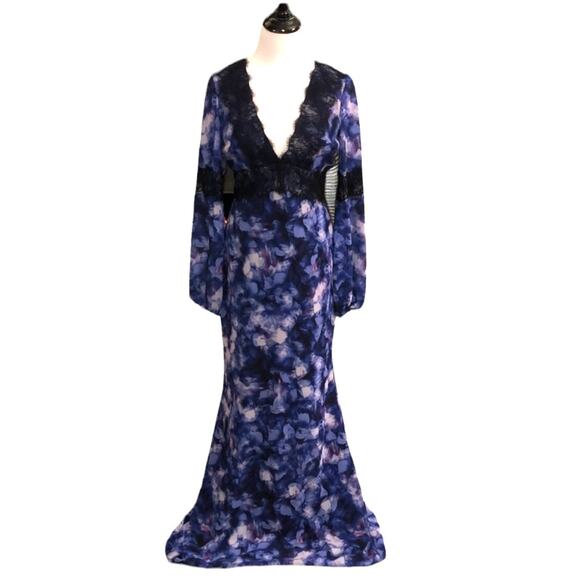 Badgley Mischka Bethany Gown Blue Black LS Whimsigoth Maxi 0 Witchy Victorian - Picture 1 of 10